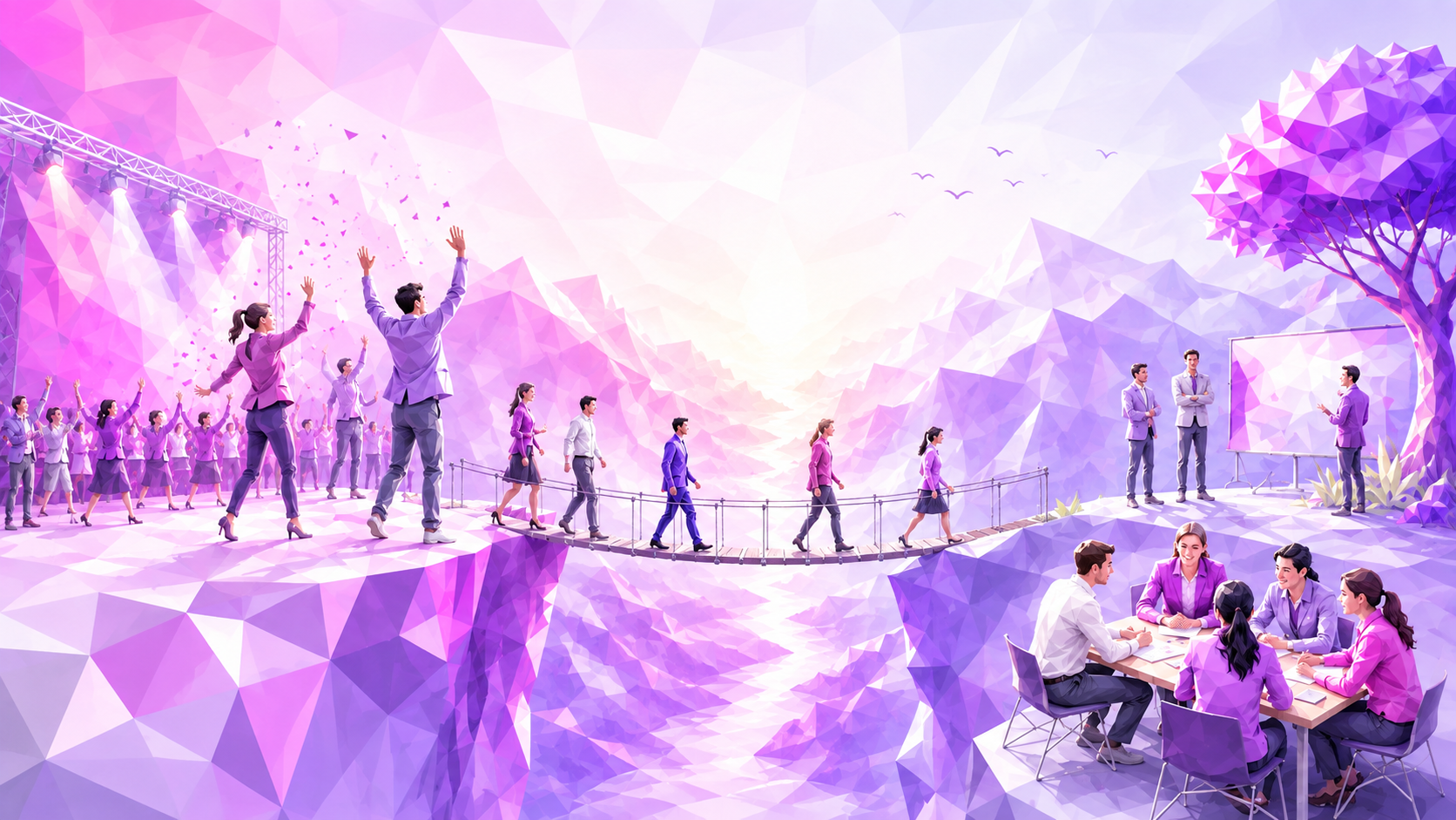 Polygonal illustration of leaders moving from an energetic immersive experience across a bridge toward collaborative leadership development and transformation.