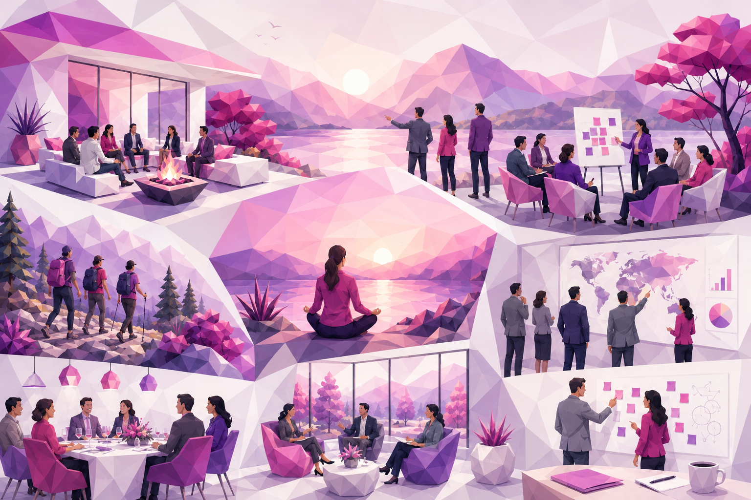 Low-poly illustration of executive retreat ideas including strategy workshops, leadership team discussions, nature immersion, reflection, collaboration, and future-focused planning in Switch On Leadership’s pink and purple brand style.