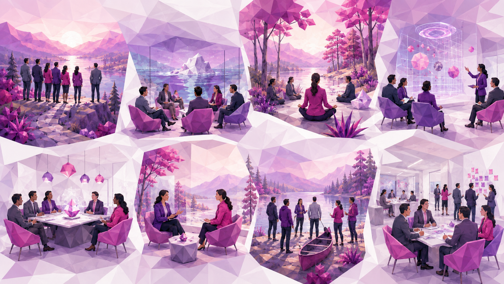 Low-poly illustration of an eight-step transformative executive retreat protocol, showing senior leaders moving through strategic alignment, restoration, future exploration, relational repair, collaboration, reflection, and integration in Switch On Leadership’s white, pink, magenta, and purple brand style
