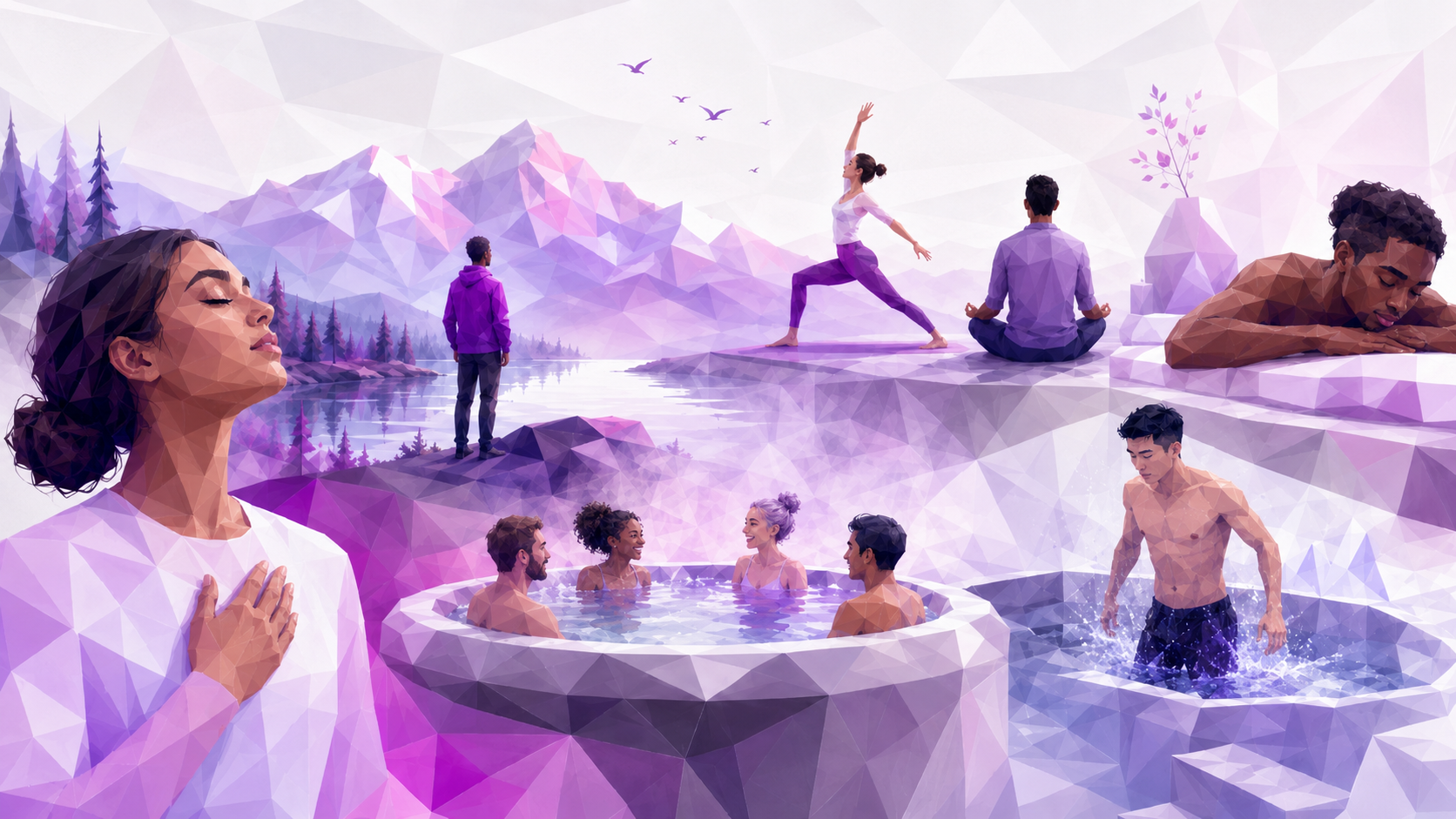 Low-poly illustration of a diverse, multigenerational group of leaders experiencing breathwork, nature immersion, yoga, meditation, massage, hot-tub recovery, and cold plunge at an executive wellness retreat.