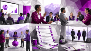 Low-poly illustration of common executive retreat mistakes, including presentation-heavy sessions, dominant voices, disconnected team-building activities, overloaded agendas, unresolved tensions, and weak follow-through, shown with a diverse senior leadership team.