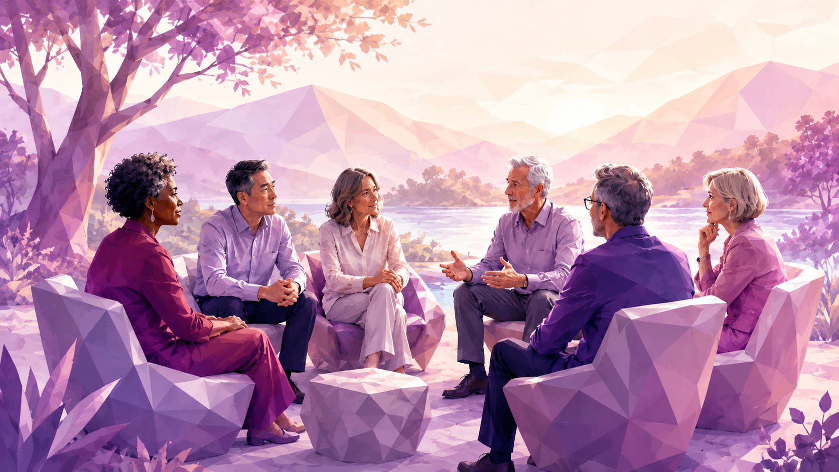 Diverse senior executive team sitting in a circle outdoors in nature during a transformative executive retreat, illustrating trust-building, leadership culture change, and repair of dysfunctional team dynamics.