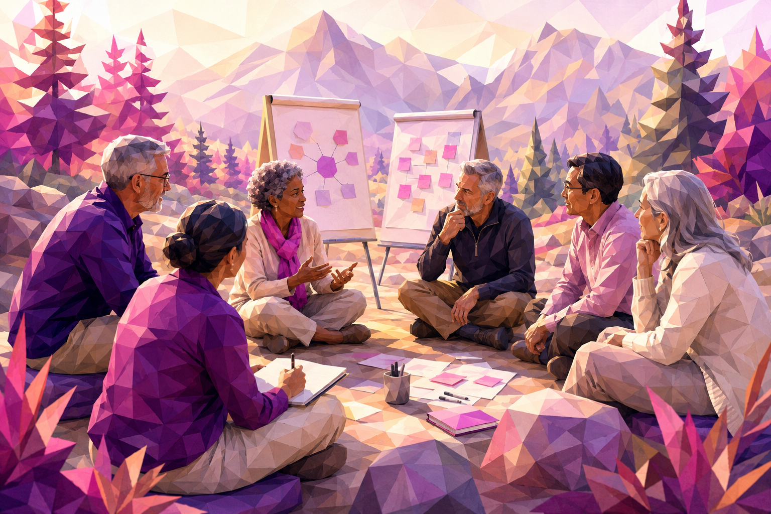 Diverse senior executive team at an outdoor leadership offsite with a facilitator, flip charts, and collaborative discussion, illustrating transformational executive team development and C-suite facilitation.