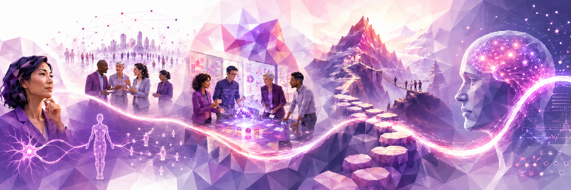 transformational-leadership-development-self-to-system-experiential-btx Low-poly illustration of transformational leadership development moving from neuron to leader to organizational system, with transformative interventions, immersive experiential learning, and a neuroscience-backed BTX® approach.