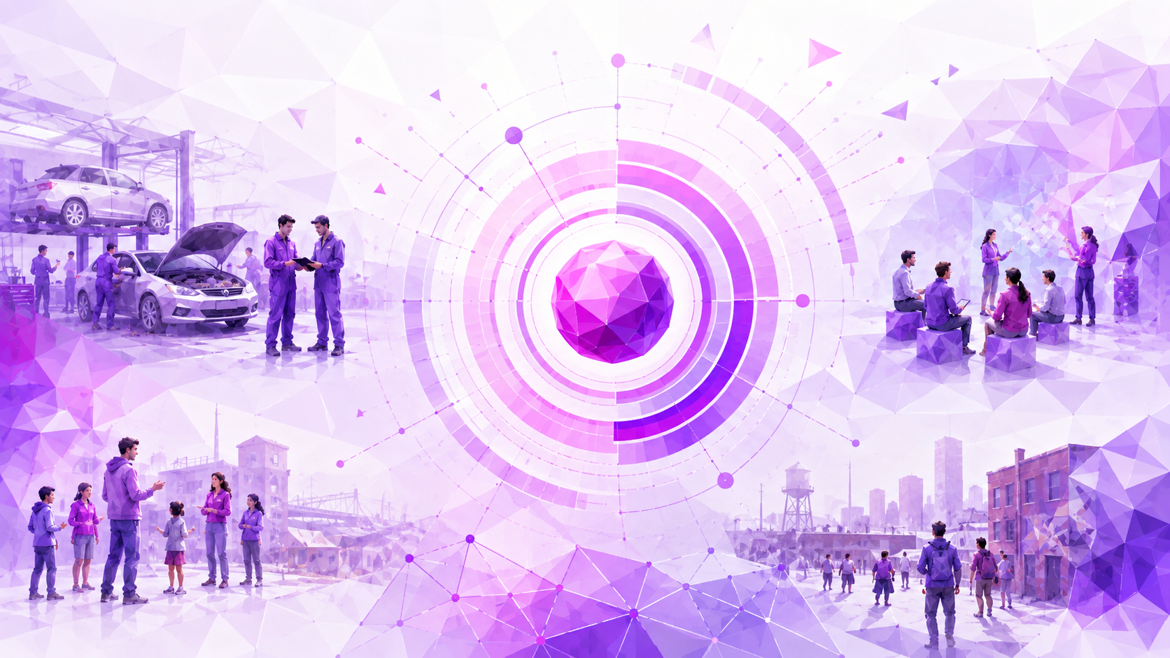 Polygonal SOL brand illustration with a central measurement target surrounded by immersive leadership experiences, including a mechanics workshop, group collaboration, and real-world community settings.