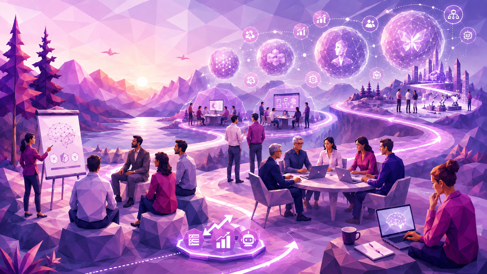 Diverse senior leaders at a low-poly AI executive retreat exploring frontier AI models, quick deployment opportunities, workflow efficiencies, and transformative AI use cases across three horizons.
